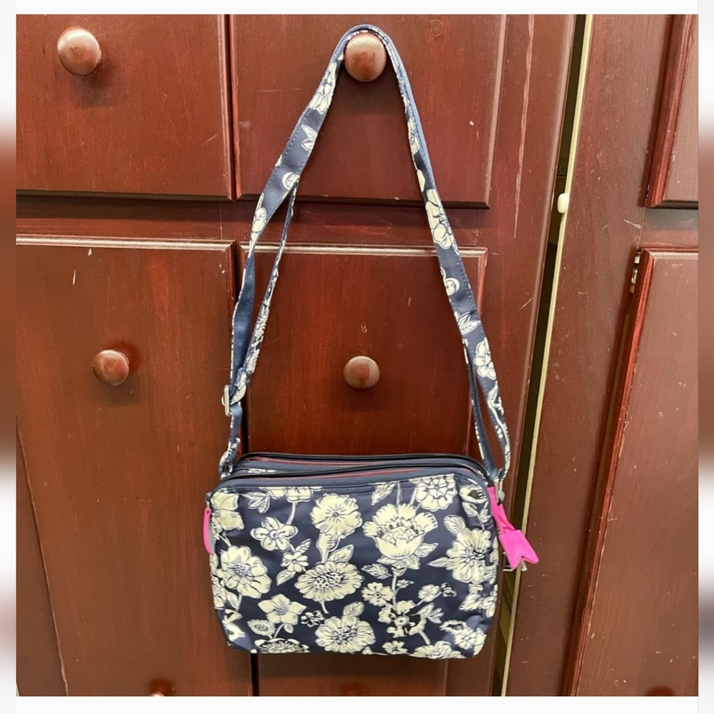 Vera Bradley Navy Floral Crossbody with Pink Zipper Accents